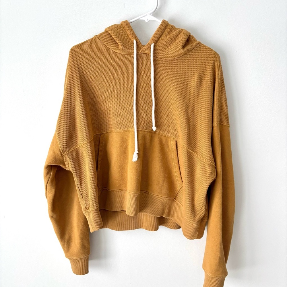 Aerie Waffle Knit Mustard Yellow Cropped Hoodie Sweatshirt Pullover Baggy Lounge